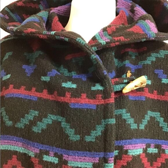 Woolrich Black Longline Aztec Print Hooded Overcoat Size Medium Made In USA - Picture 7 of 13
